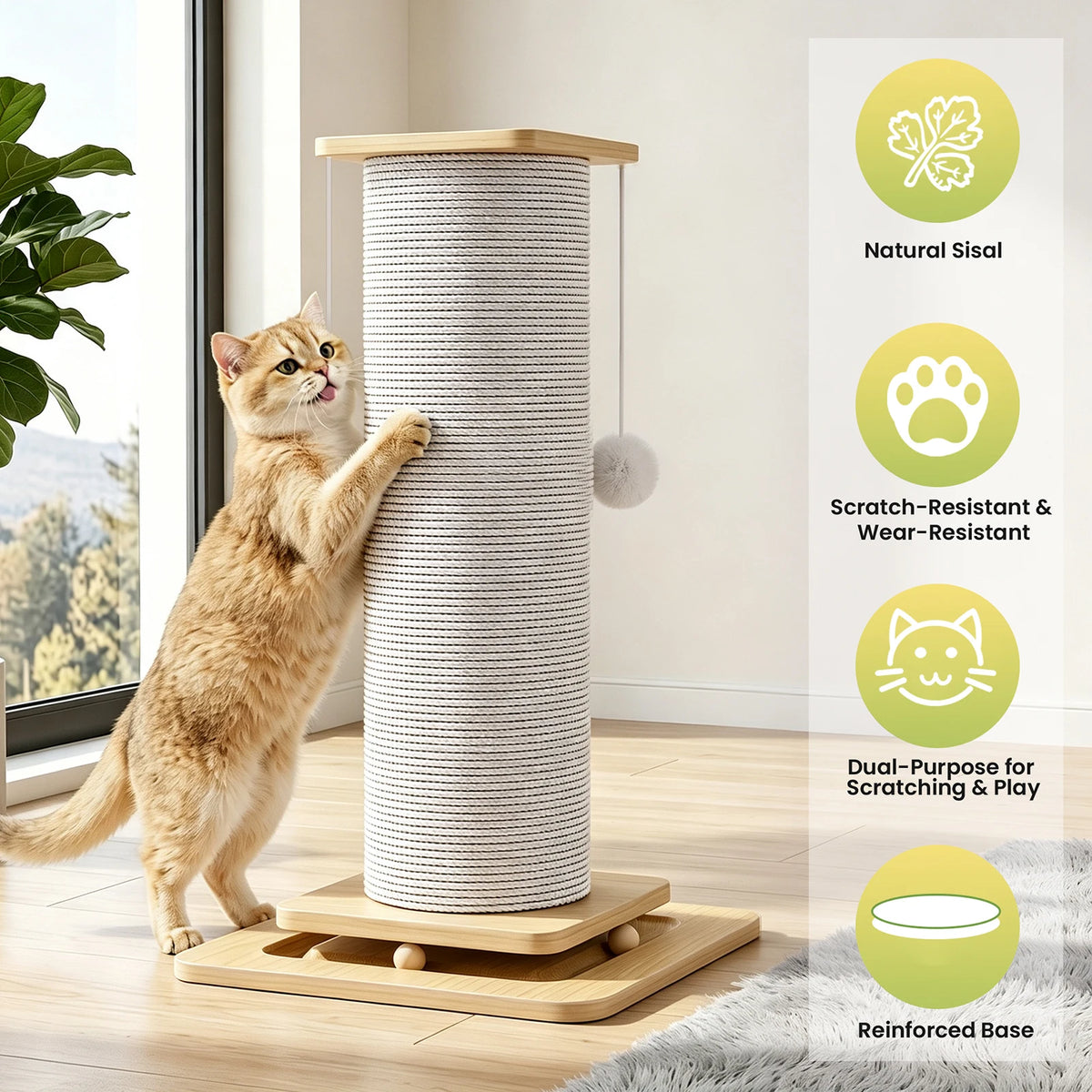 Tall Sisal Cat Scratching Post – Stable Wood Base & Toys