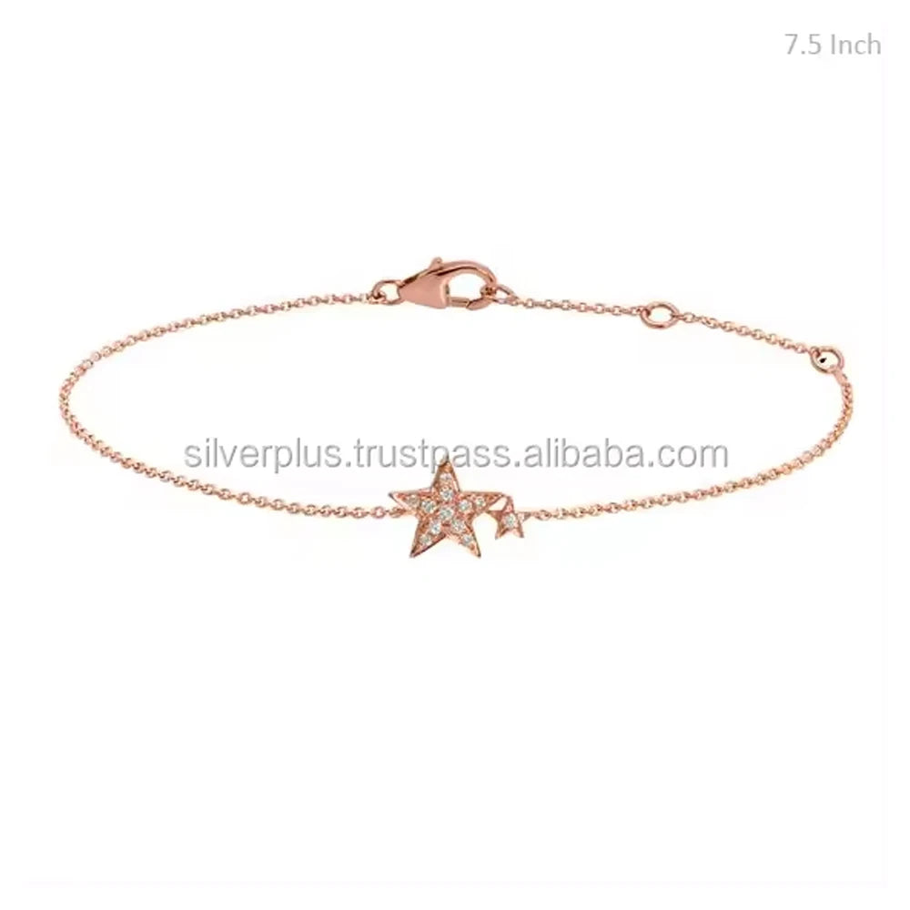 Solid 14K Yellow Gold SI Clarity G-H Color Diamond Star Charm Chain Bracelet Genuine Gold Jewelry Wholesale