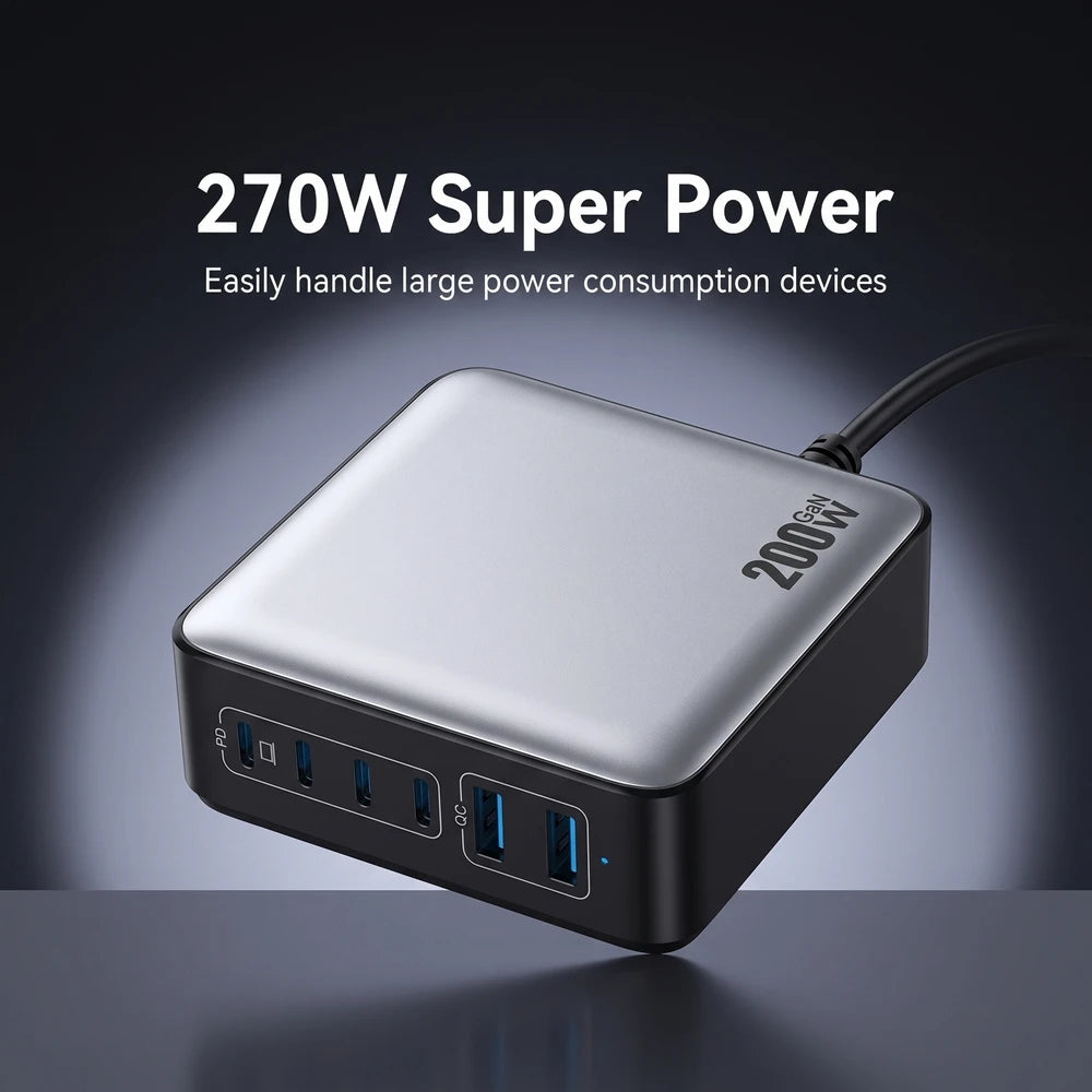 200W GaN USB-C Charger Hub – 6-Port Fast Charging