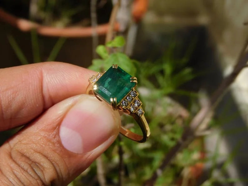 14K Yellow Gold Delicate Stacking Fine Ring Vintage Wedding Anniversary & Engagement Band with Full Eternity Cut Emerald