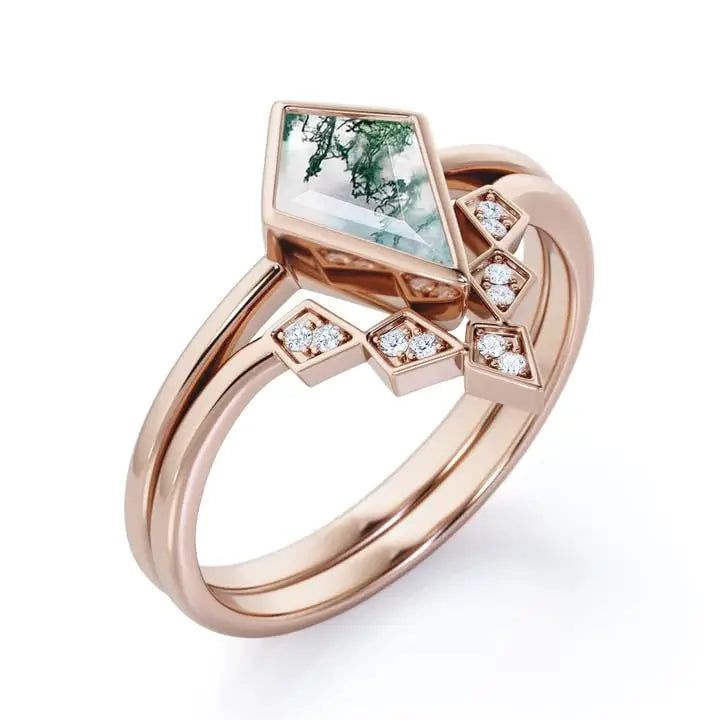 925 Sterling Silver Handmade Geometric Kite Moss Agate 10x7mm Luxury Ring Unique Engagement Wedding Anniversary Promise Jewelry