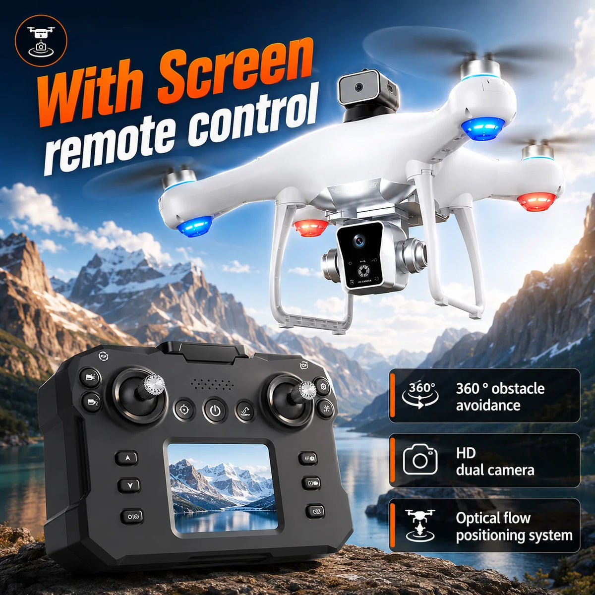 WHITE Color 4K Dual Camera RC Drone With Screen Remote & Obstacle Avoidance