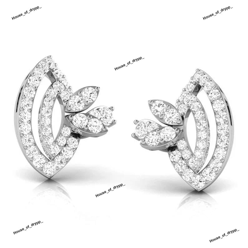 Curved Leaf 925 Silver Stud Earrings Rhodium Plated Marquise Diamond Detailing Iced Elegant Modern Luxury Wedding Statement
