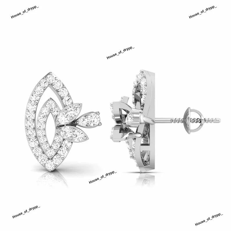 Curved Leaf 925 Silver Stud Earrings Rhodium Plated Marquise Diamond Detailing Iced Elegant Modern Luxury Wedding Statement