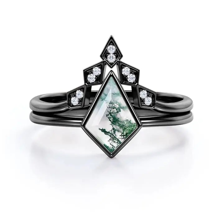 925 Sterling Silver Handmade Geometric Kite Moss Agate 10x7mm Luxury Ring Unique Engagement Wedding Anniversary Promise Jewelry