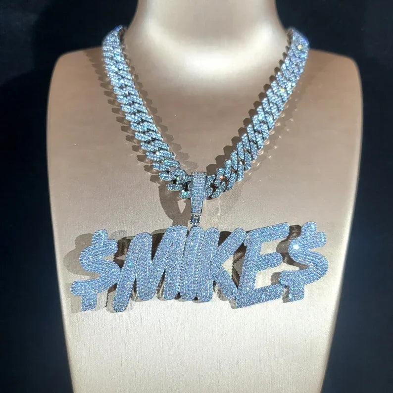 Custom MIKE Letter Pendant Unisex Iced Out Moissanite Hip Hop Jewellery Link Chain Rose Gold Plated 925 Sterling Silver Party