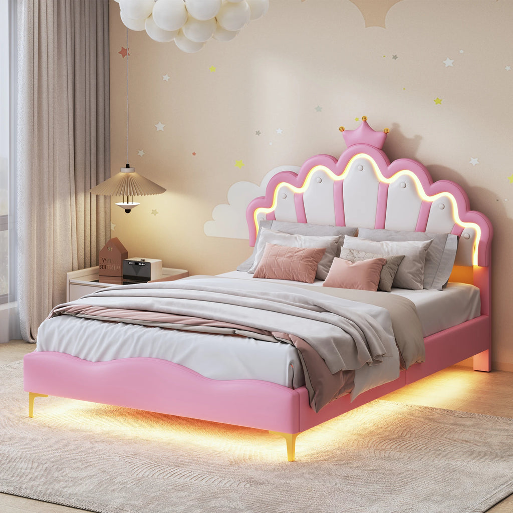 Comanlai Children's Bed  90x200cm with LED Light and Crown-shaped Headboard,Upholstered Bed with Slatted Frame,PU Leather,Pink