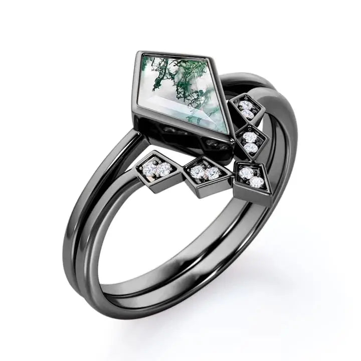 925 Sterling Silver Handmade Geometric Kite Moss Agate 10x7mm Luxury Ring Unique Engagement Wedding Anniversary Promise Jewelry