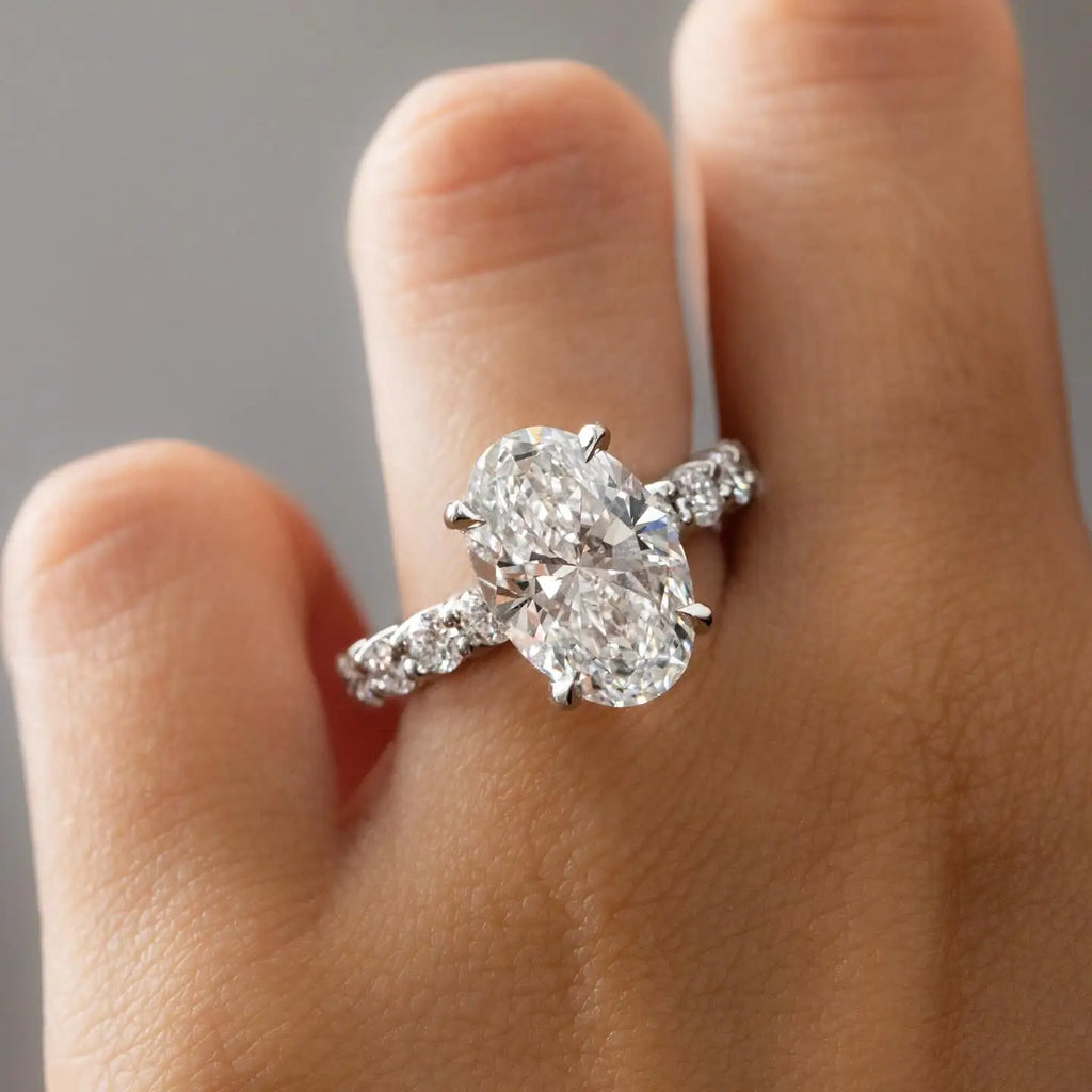 3ct Oval Cut Moissanite Engagement Ring Side Stone Pave Band Gold or Silver Bridal Wedding Ring| Minimalist Bridal  Fine Jewelry