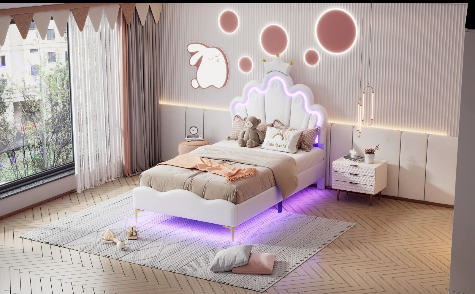 Rosahqnda Children's bed girls Single bed Double Bed Children bed Princess Crown Shape bed Adjustable Headboard