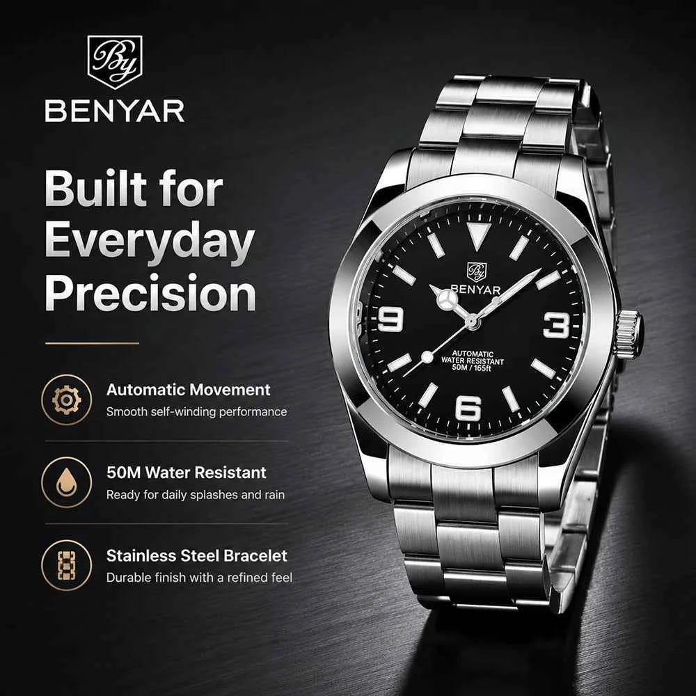 BENYAR Luxury Men Mechanical Wristwatches Stainless Steel Sports Men Automatic Watches 50ATM waterproof Clock