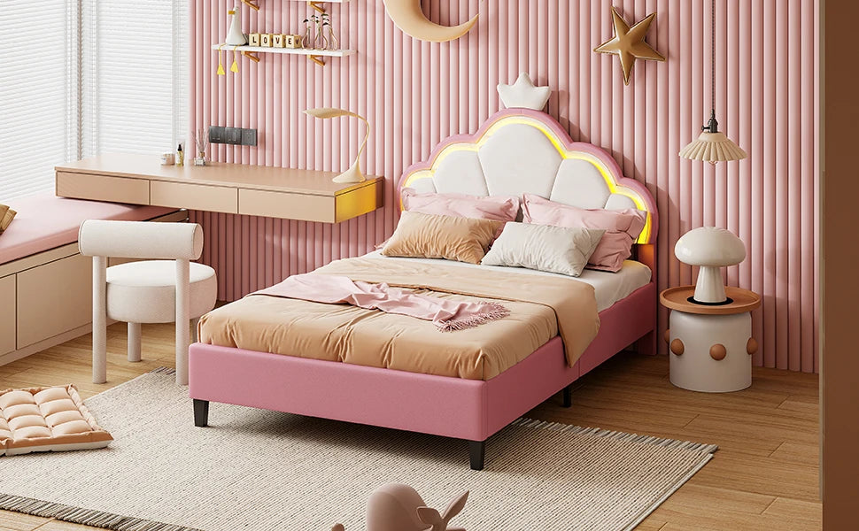 Children's bed 90x200 cm, Princess Crown-shaped bed with Adjustable bed Head, Girl bed with LED, Single bed, Pink