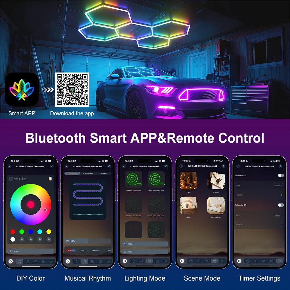 Smart hexagonal honeycomb RGB ambient tube light DIY modular splicing plug and play color lamp 85V-265V phone APP & remote control support timing shutdown music sync mode brightness and color adjustable, ideal for gaming room