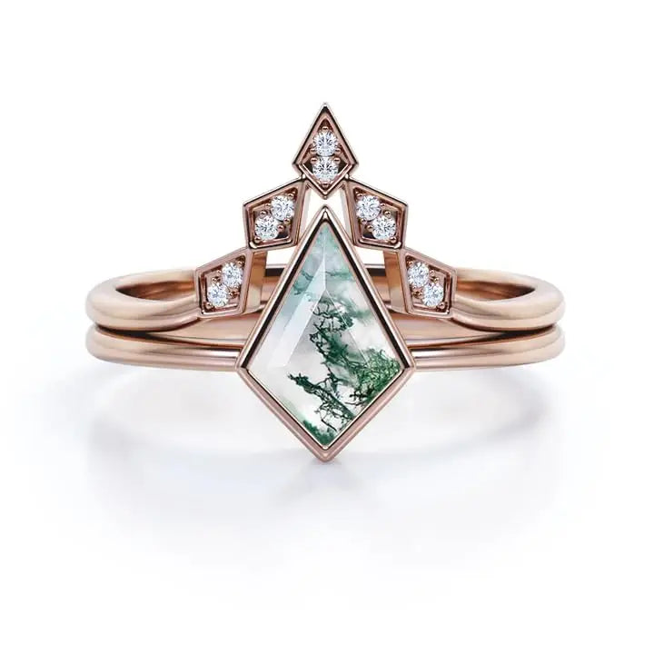 925 Sterling Silver Handmade Geometric Kite Moss Agate 10x7mm Luxury Ring Unique Engagement Wedding Anniversary Promise Jewelry