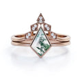925 Sterling Silver Handmade Geometric Kite Moss Agate 10x7mm Luxury Ring Unique Engagement Wedding Anniversary Promise Jewelry