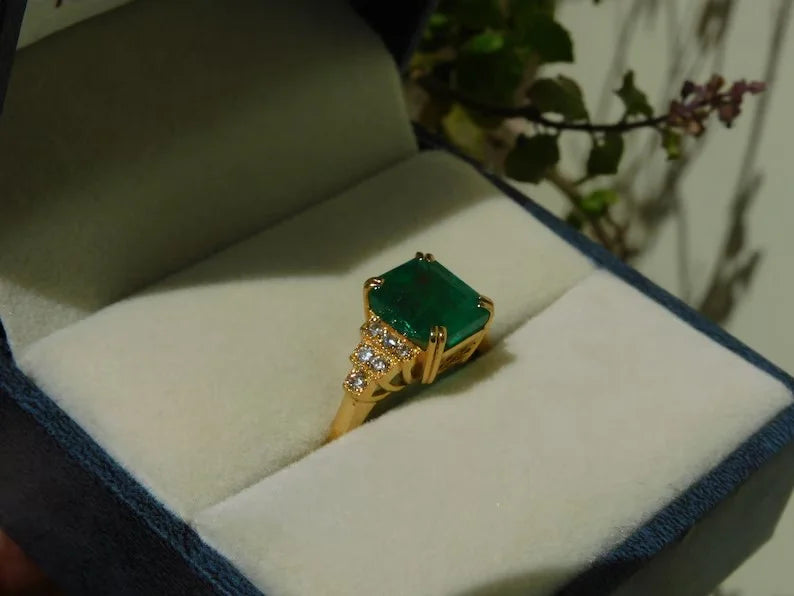 14K Yellow Gold Delicate Stacking Fine Ring Vintage Wedding Anniversary & Engagement Band with Full Eternity Cut Emerald