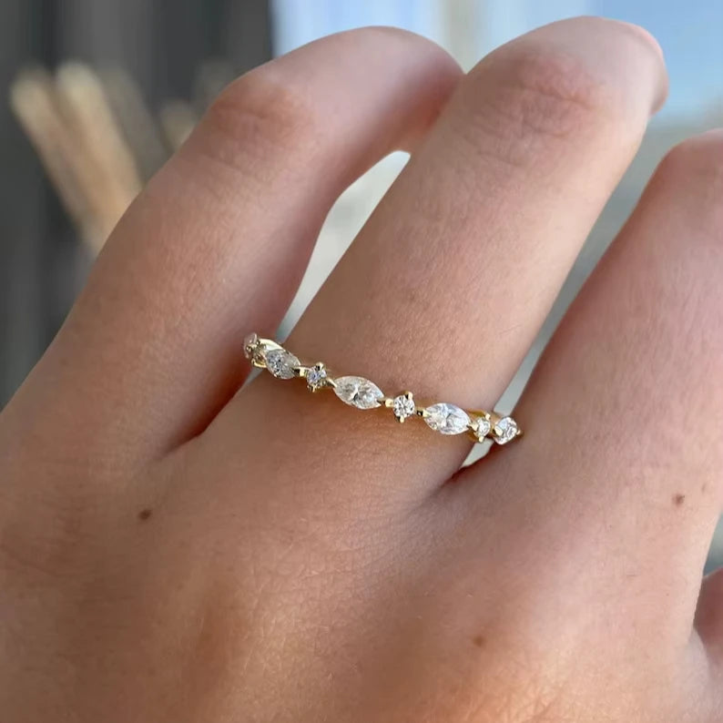 Handmade 14K Gold Marquise And Round Cut Lab Grown Diamond Minimalist Ring Birthdays Fine Party Gift Jewelry For Partner