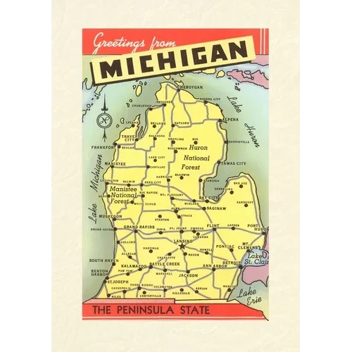 Vintage Lined Notebook Greetings from Michigan, Map - Paperback