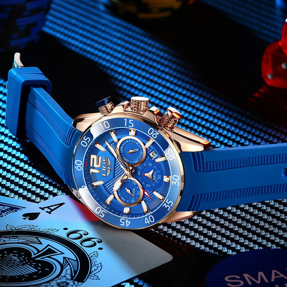 LIGE New Fashion Mens Watches Top Brand Luxury Quartz Wrist Watch Man Sport Red Silicone Watch for Men Reloj Hombre Chronograph