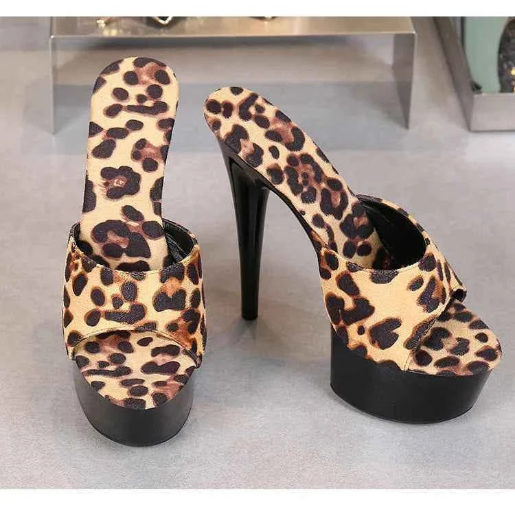 Voesnees Summer Slippers Women 2021 High Heels 15cm 17 CM Leopard Print Slip-On Platform Slides Sexy Catwalk Shoes Club Sandals