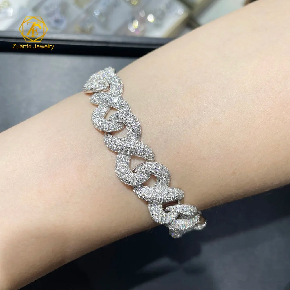 Hiphop Style 925 Silver Gold Plated 15MM Moissanite Infinity Chain Cuban Chain Necklace Bracelet Fine Chain Link Bracelets for