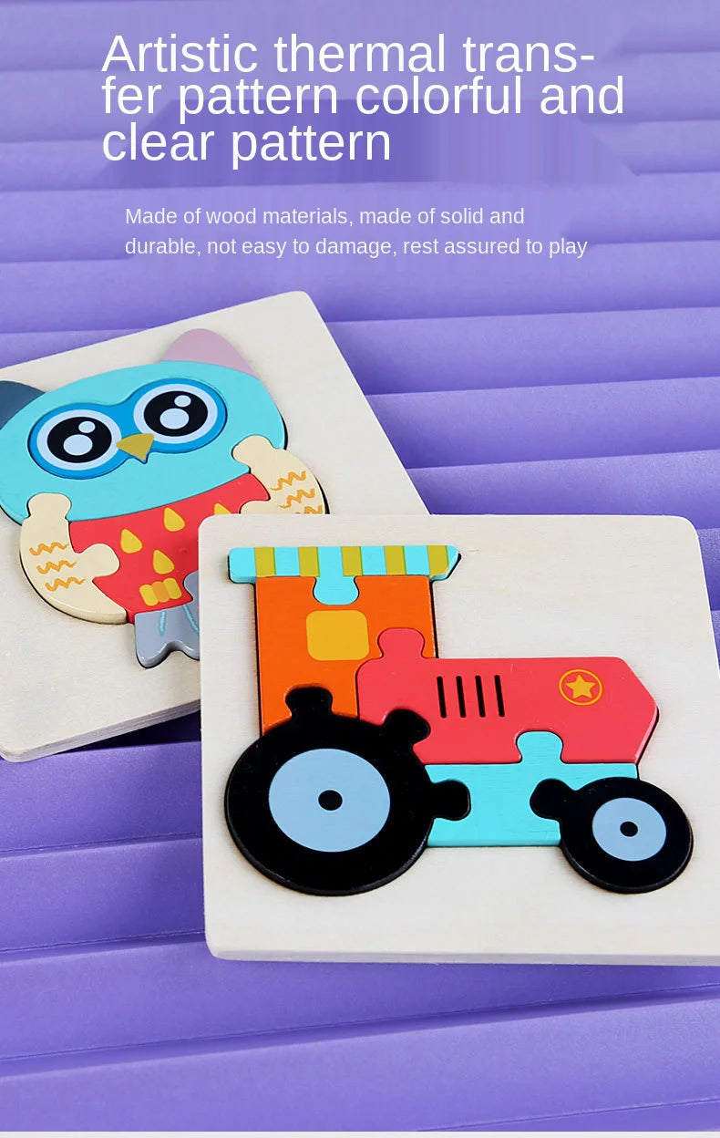 10.7cm/4.21in Kids Colorful 3D Puzzles Montessori Games Cartoon Animals Jigsaw Puzzle Baby Educational Wooden Toys for Children