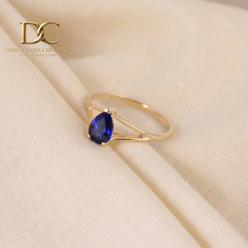 Luxury Fine 14KT Solid Yellow Gold Ring with Lab Grown Royal Blue Sapphire Women's Wedding & Party Jewelry