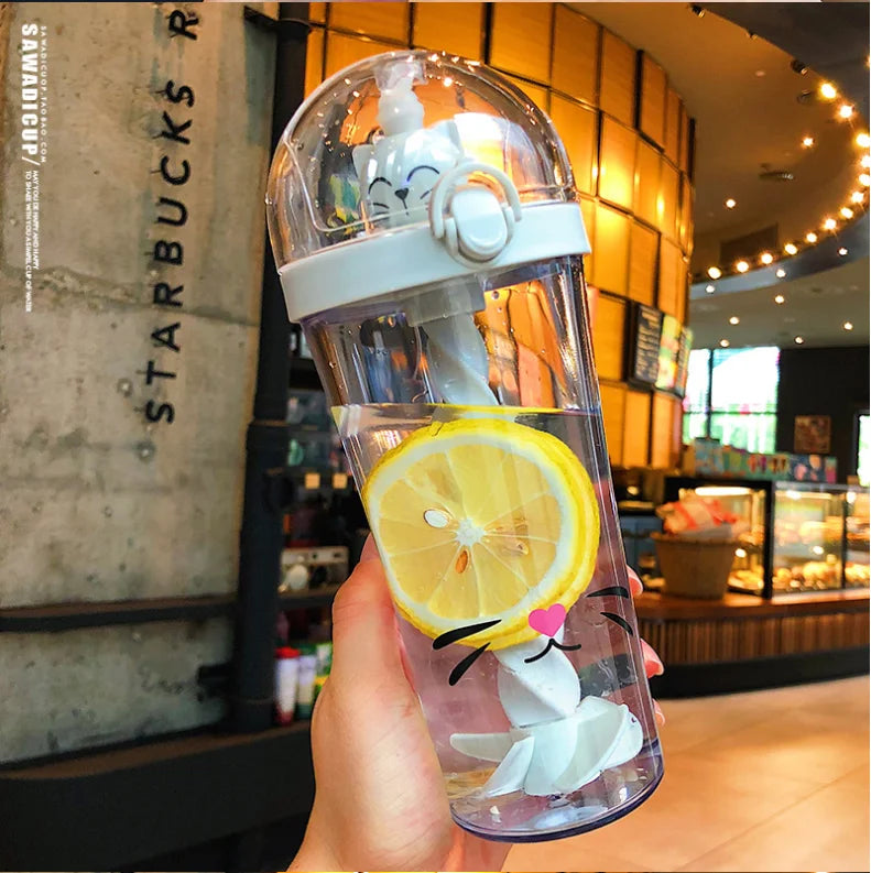 Water Bottle with Straw, Plastic Cartoon Mixing Cup, Creative Animal Design, Cute Cartoon, Girl Heart, Ins Photo Gift
