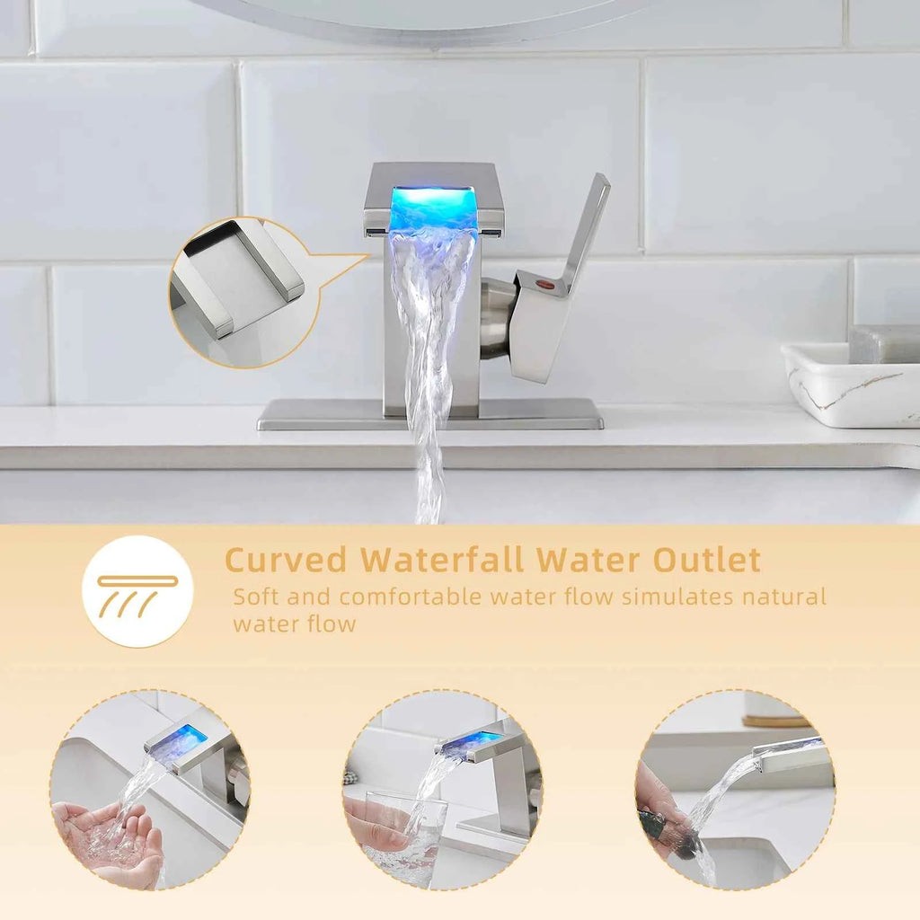 Modern LED 1-Hole Brushed Nickel Bathroom Faucet 304 Stainless Steel Waterfall Anti-Rust Lead-Free Basin Deck Plate Ceramic