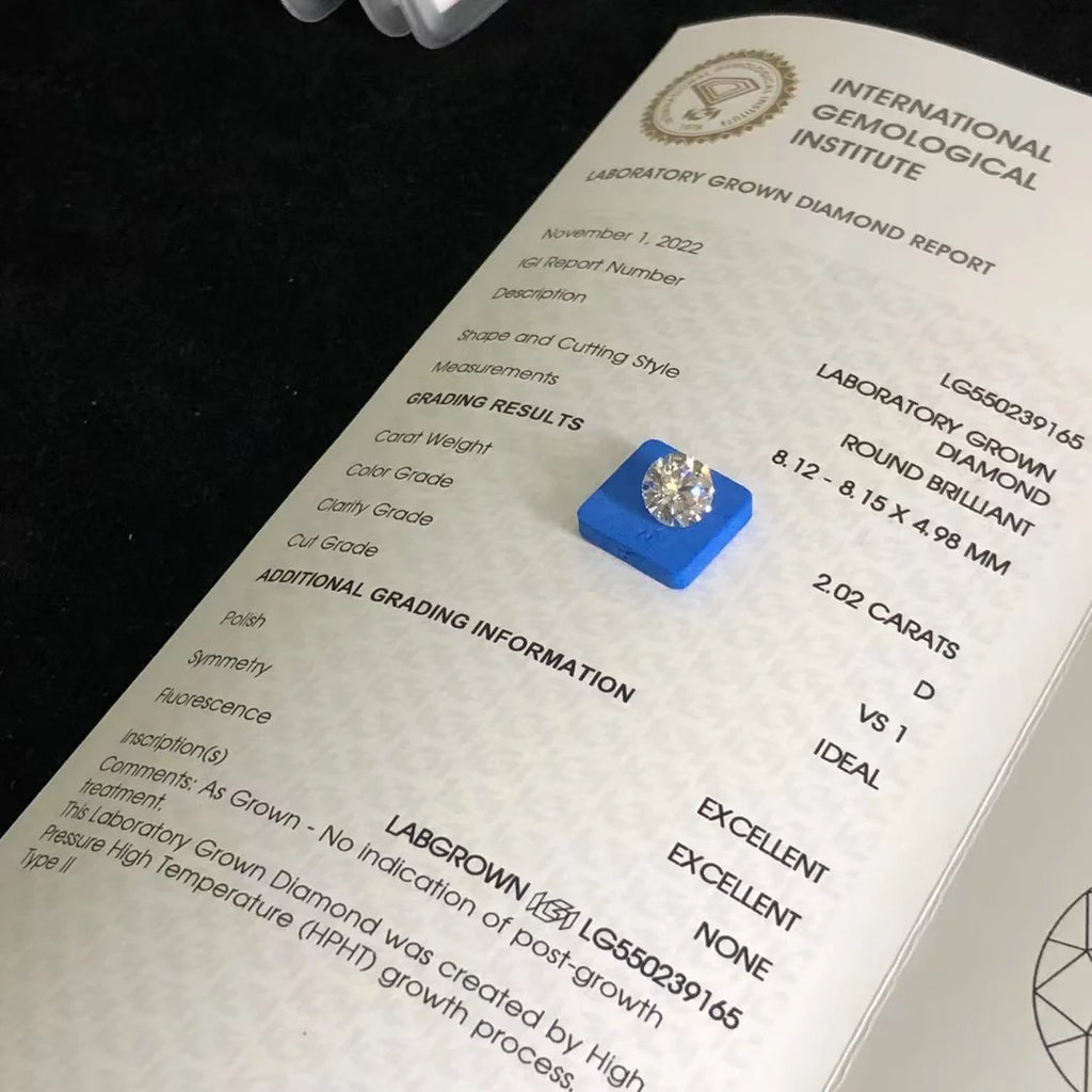 Wuzhou Gems IGI Certificate Lab Grown White D VS1 2CT 8MM Round Brilliant EX Cut HPHT Diamonds for Sale