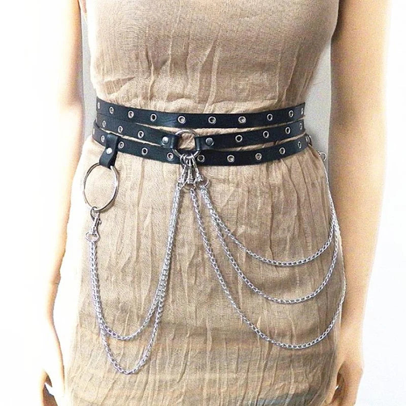 Female Leather Skirt Belts Punk Gothic Rock Harness Waist Metal Chain Body Bondage Hollow Belt Accessories For Lady