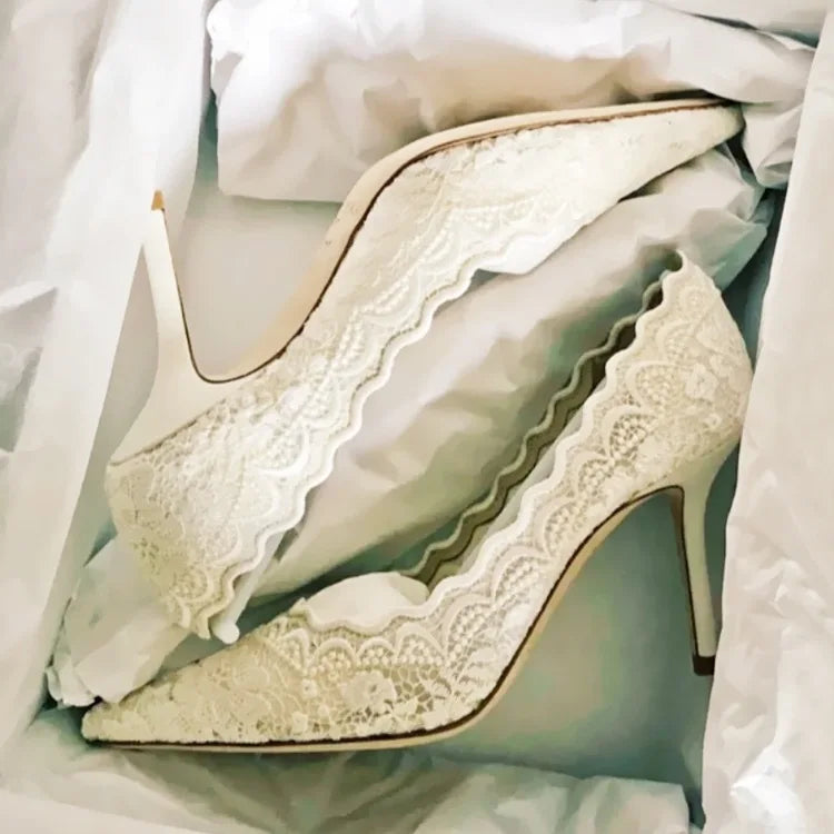 Pointed Toe6CM/8CM/10CM Ladies Lace Pumps White Wedding Sandalias Woman High Heel Sandals Fashion High Heel Lady Shoes