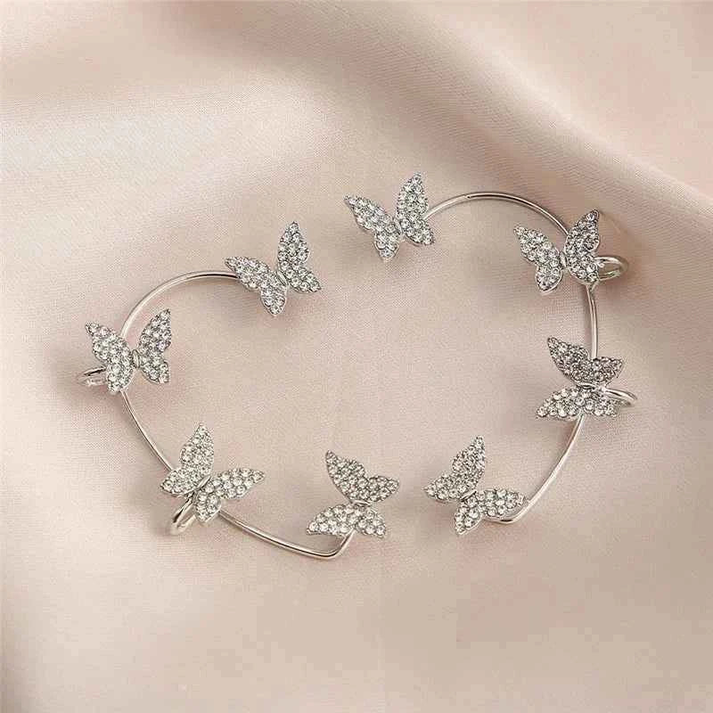 Silver Plated Metal Leaf Butterfly Clip Earrings for Women Ear Clips Without Piercing Sparkling Zircon Ear Cuff Fashion Jewelry