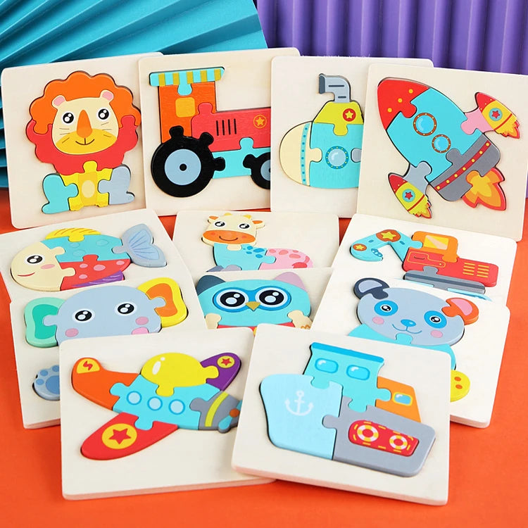 Montessori Toys 3D Puzzle Cartoon Animals Vehicle Cognitive Jigsaw Puzzle Wooden Toys for Children Baby Puzzle Game Gift