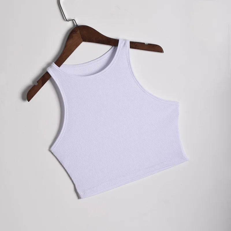 White Knitted Round Neck Women T-Shirt Sexy Sleeveless Camisole Crop Top Woman Tight Stretch Tank Top Ladies Tee Top Streetwear