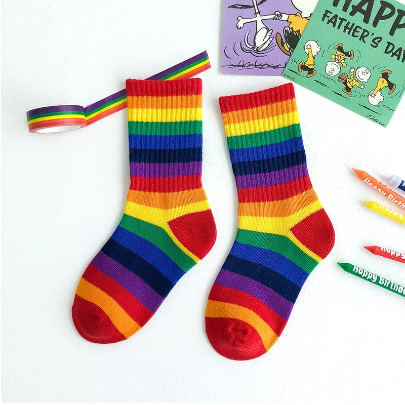 Kids Knee High Rainbow Socks Spring Summer Toddler Child Girls Boys Cotton White School Socks Stripe Long Sock Baby Accessories