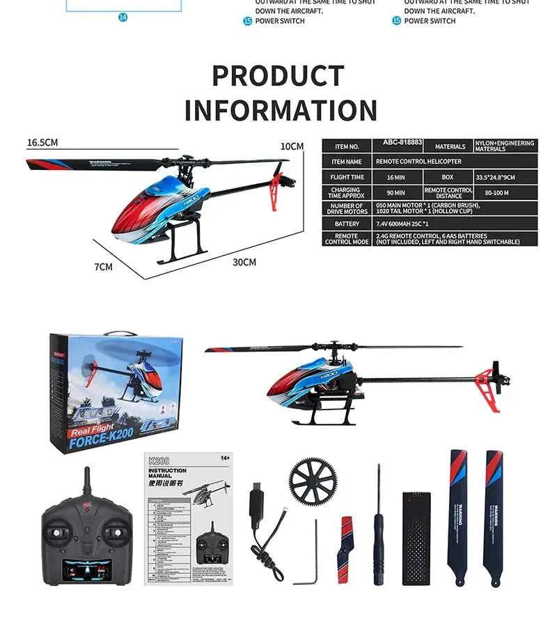 WLtoys XK K200 RC Helicopter 4CH 6G 6-Aixs Gyro Single Propeller Without Ailerons Altitude Hold Aircraft Drone Toys