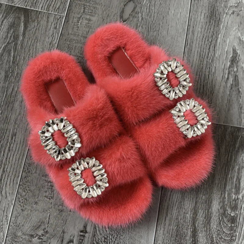 Wholesale Fur Slipper  Women Slides 2024 Women's Shoes Real Mink Fur Slipper  Flats Fashion Fur Slippers