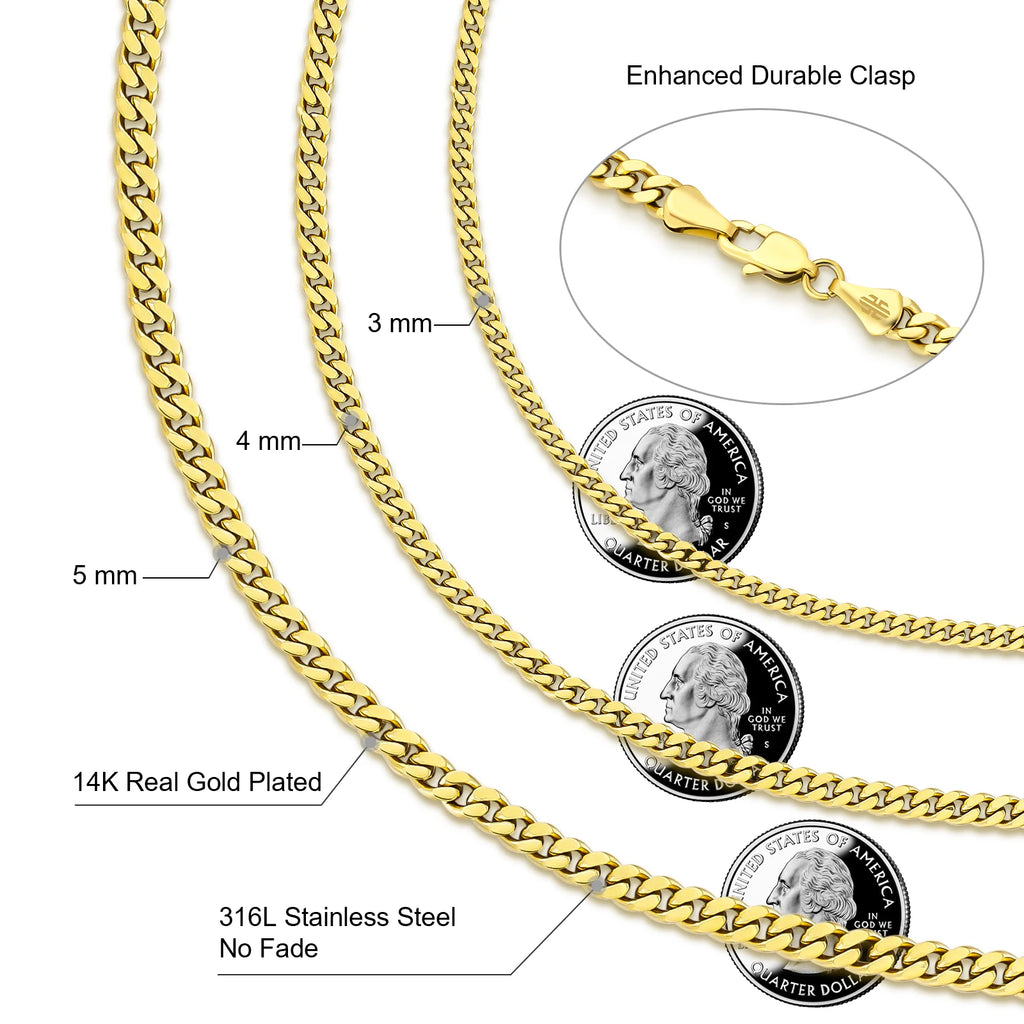 Free Shipping USA 14k Gold Plated Stainless Steel 5mm Miami Cuban Link Chain Women Waterproof Jewelry Wholesale Mens Necklace