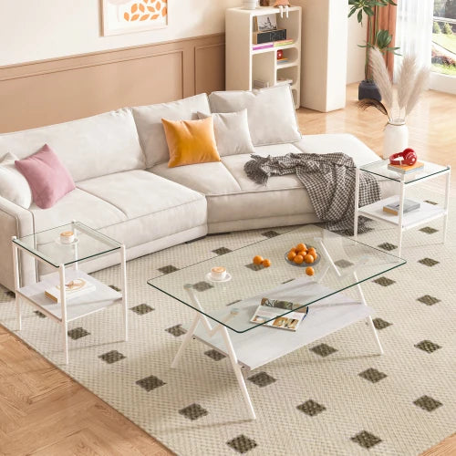 Living Room Set of 3 Piece New Shape Tempered Glass Coffee Table Side Table Set for Living Room Center Area
