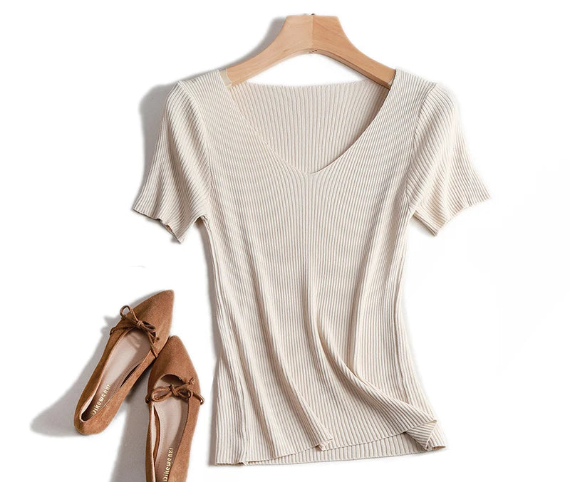 Pullover knitted Short Sleeve knitted Sweater Women Spring Summer Slim Basic Solid Casual Base Female knitting shirts 2024 Korea