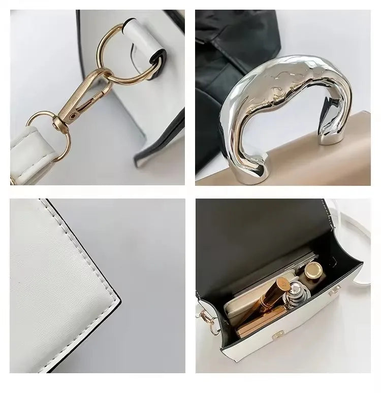 2025 Women's Casual Simple Metal Messenger Bag with Niche Handle Designer Contrasting Color Handbag