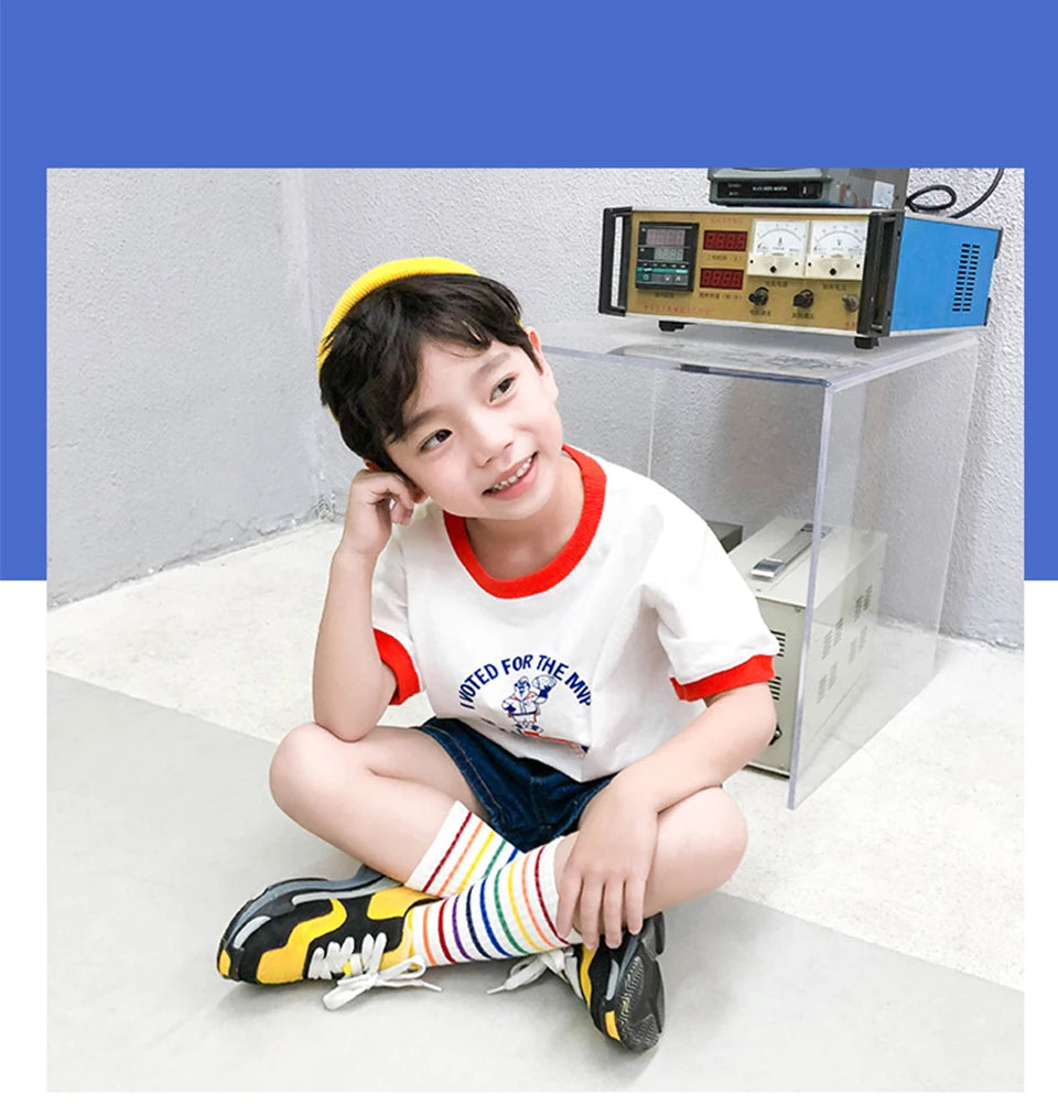 Kids Knee High Rainbow Socks Spring Summer Toddler Child Girls Boys Cotton White School Socks Stripe Long Sock Baby Accessories
