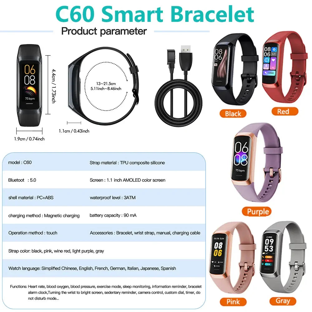 2024 New Arrival C60 SP02 HR BP Sleep Monitoring Smart Band IP67 Amoled Screen Display OEM ODM Bracelet Smart