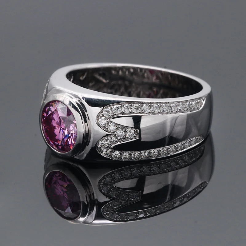 Free Shipping 8mm Two Carats Pink Moissanite Diamond 14K/18K Solid White Gold Engagement Ring for Men Classic Style for Wedding
