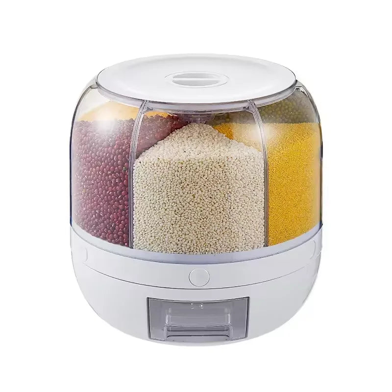 Best Seller Rice Container Kitchen Moisture-Proof 6-Grid Rotating Food Grain Dispenser Cereal Glossy Storage Box
