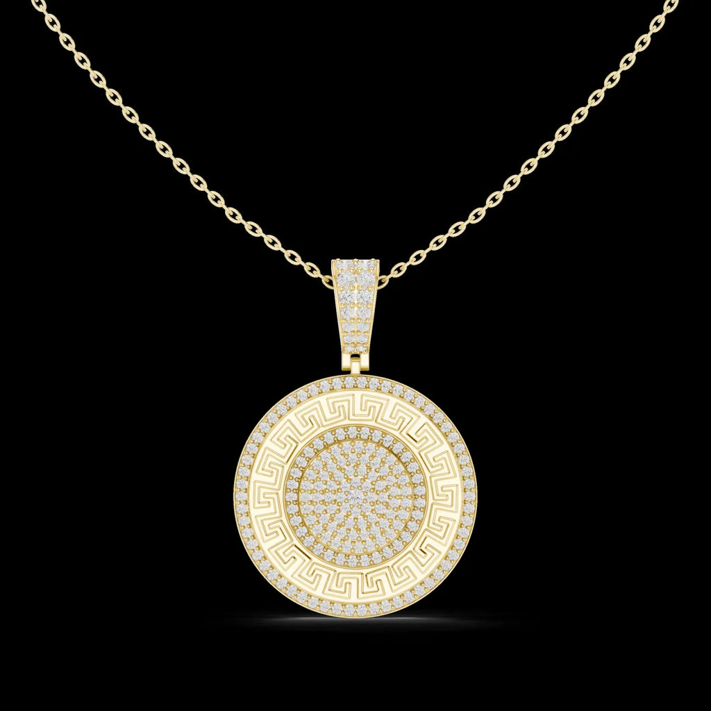 Gold Plated Greek Key Diamond Medallion Link Chain Pendant Luxury Engagement Wedding Anniversary Party Jewelry