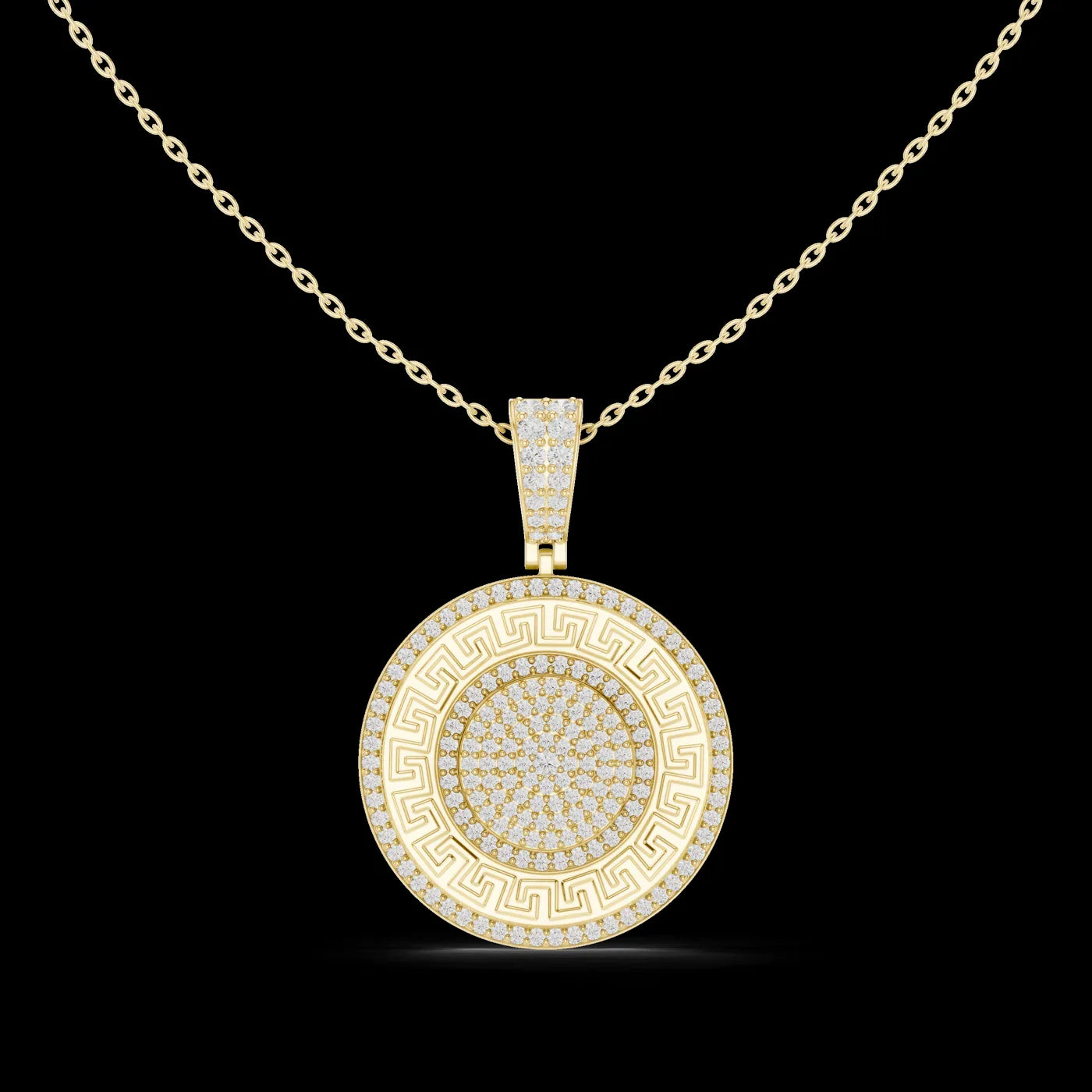 Gold Plated Greek Key Diamond Medallion Link Chain Pendant Luxury Engagement Wedding Anniversary Party Jewelry