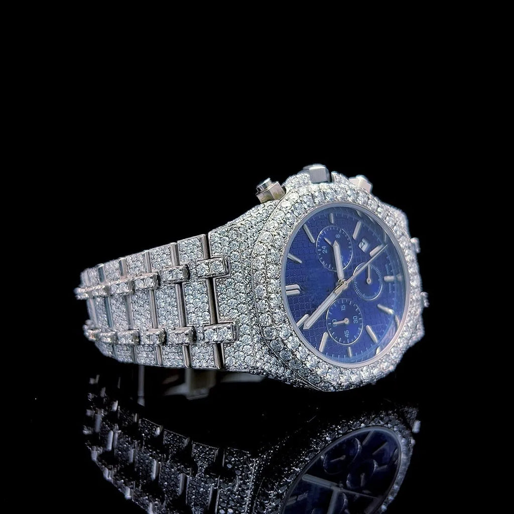 Luxurious Fashion Ronda Mechanical Watch Stainless Steel Band Blue White Diamond Moissanite Pointer Dial-Customizable Colors