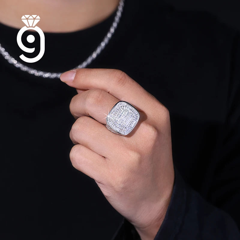 Cushion-Shaped Multi-Cut Full Pave Signet Ring Round & Tapered Baguette Moissanite S925 Sterling SilverHip Hop  Ring